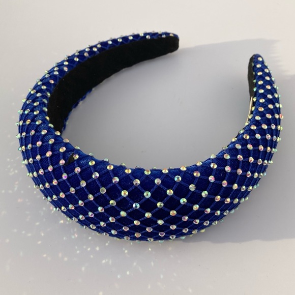 Blue Padded 1.5” Headband with Rhinestone-Adorned Mesh Overlay Handmade - Picture 4 of 10